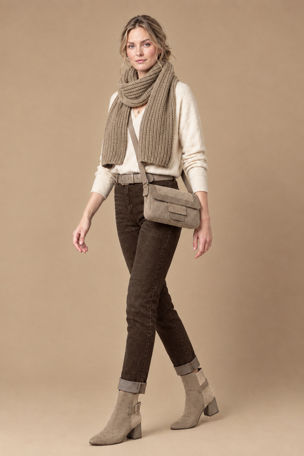 Women's tan and natural beige back-buckle ankle boots with square toe and mid block heel - Top view